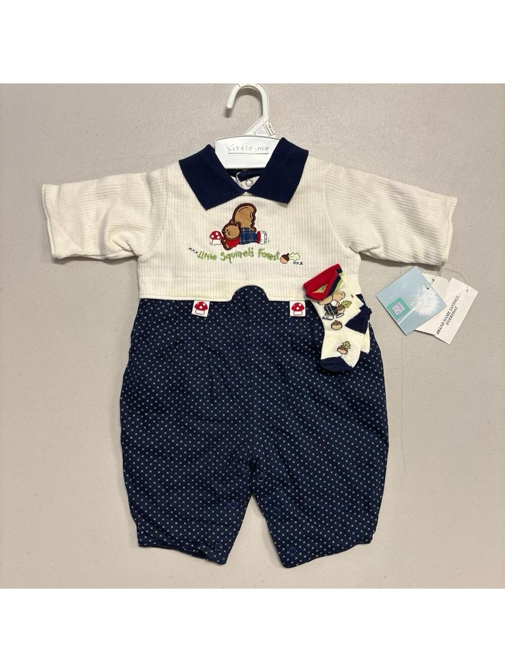 NWT Vintage Little Me 2 Piece Squirrel Forest Romper with Socks 3M